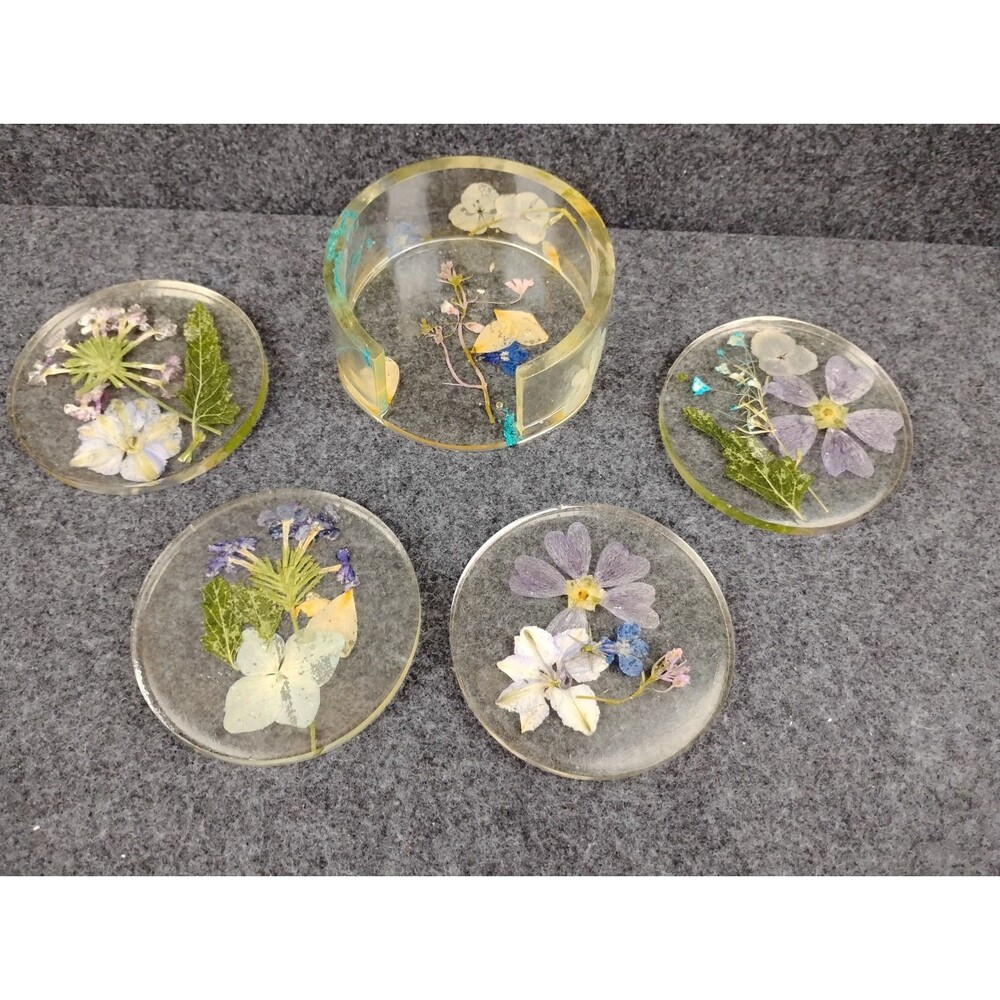 Resin Coaster Set Of 4 Pressed Dried Flowers Handcrafted With Holder Cottage